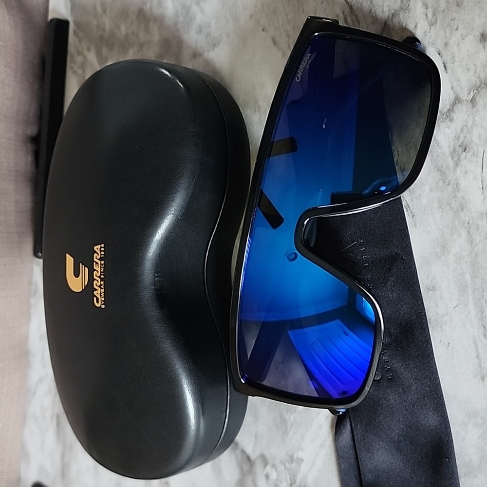 New Carrera Black Blue Mirror Sunglasses, NWT - Picture 2 of 9